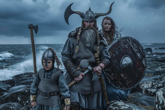 写真 岩石のフィヨルドにあるバイキングの家族の肖像画 猛烈な戦士の父親は ひげと戦斧を編んで 立っています