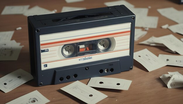 Фото Старинная кассета с кассетами, разбросанными вокруг, вызывая ностальгию за эпохой микстейпов