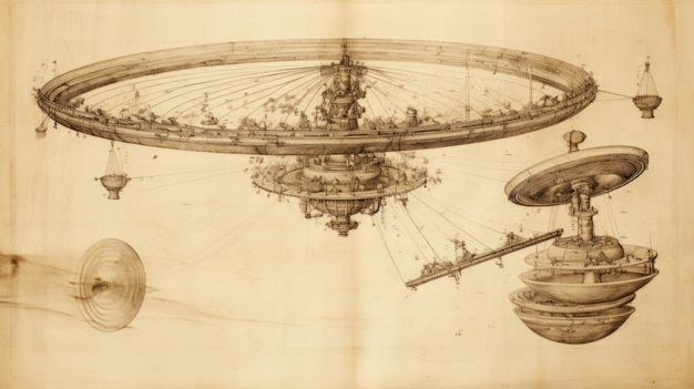 사진 다빈치의 스케치 스타일로 행성 공간이 있는 은하의 빈티지 기술 도면