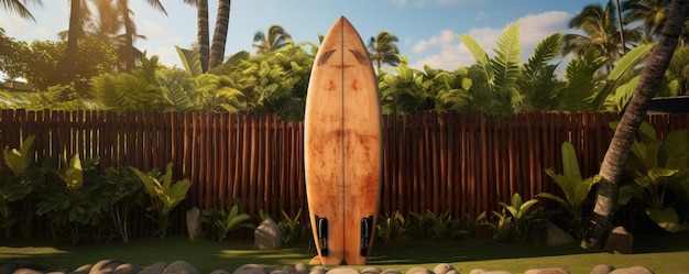 Фото Использованная винтажная доска для серфинга, лежащая на деревянном садовом заборе на тропическом острове