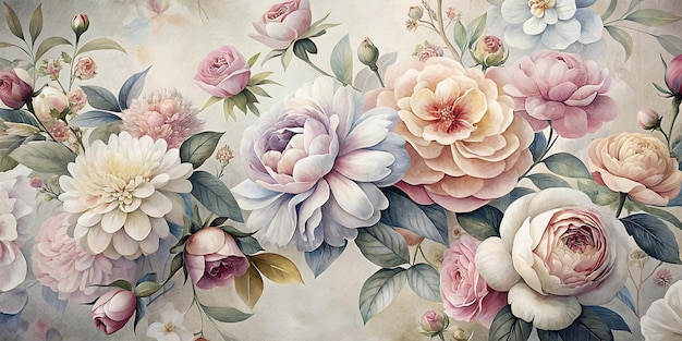 사진 장미, 피오니 및 다른 고전적인 꽃의 일러스트레이션을 특징으로하는 빈티지 영감을 받은 식물학 인쇄물