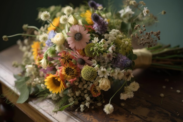 写真 ヴィンテージ風に咲いた野生の花のブーケ