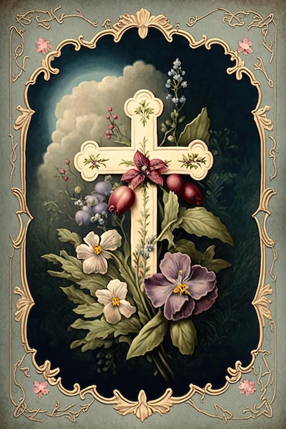 Фото Пасхальная открытка в винтажном стиле с изображением креста generative ai