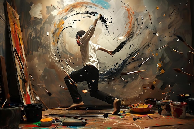 写真 芸術家の周りに浮かぶ 筆と塗料の鉢が 踊りのように彼らの動きに従うという 夢想的なコンセプトです