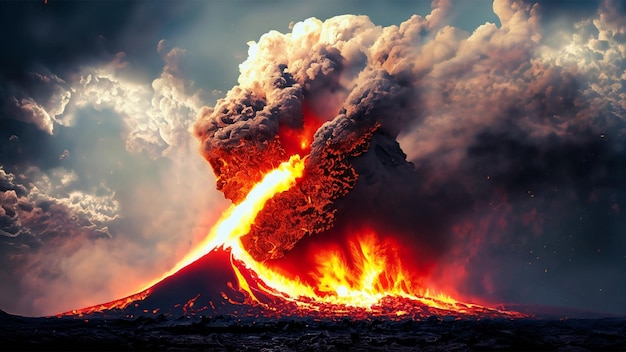 写真 火山の噴火で空に溶岩と灰が噴き出した