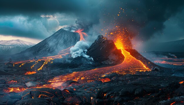 写真 火山は溶岩と煙で噴火し,火事と危険なシーンを作成します.