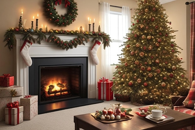 Фото Теплая и уютная сцена рождественского камина с чулками, висящими на украшенной рождественской елке