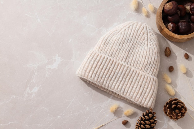 Фото Теплая зимняя шапка с сухими шишками.