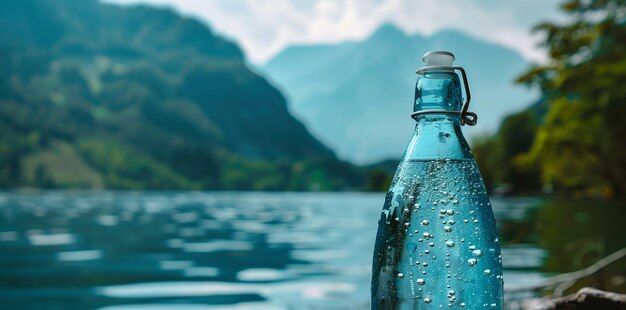 Фото Бутылка с водой с естественным пружинным озером и горным ландшафтом на заднем плане