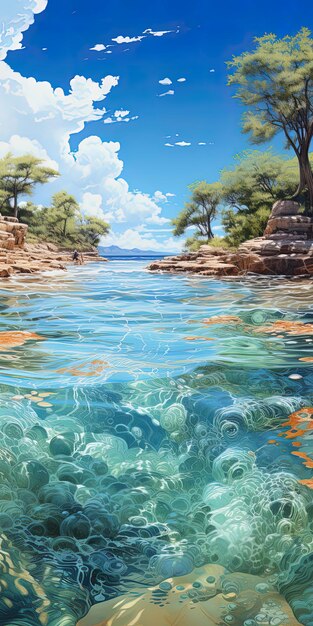 사진 배경에 나무와 바위가 있는 바다의 물 풍경.