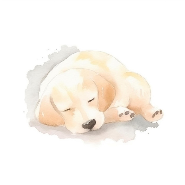 写真 床に寝ている子犬を描いた水彩画。