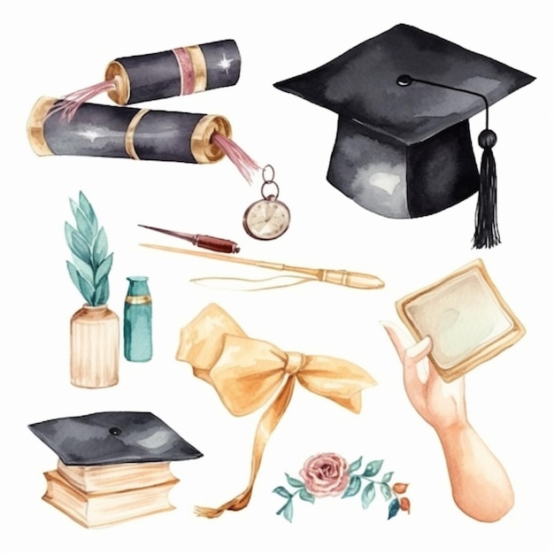 Фото Акварельная иллюстрация выпускного набора с дипломом, генерирующим ии