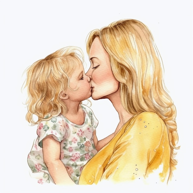 Фото Акварельная иллюстрация матери, целующей дочь.