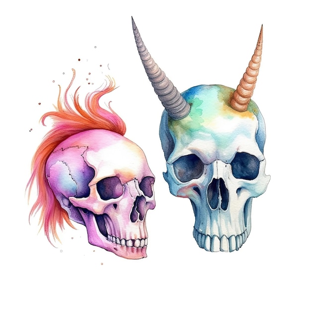 Фото Акварельная иллюстрация двух черепов с рогом единорога на голове.