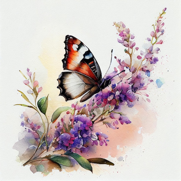 Фото Акварельная картина бабочки на фиолетовом цветке.