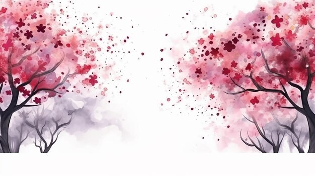 사진 분홍 꽃이 핀 벚꽃 나무의 수채화.