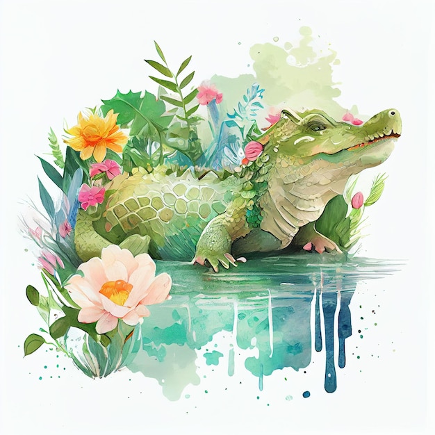 Фото Акварельный рисунок крокодила с цветами и листьями.