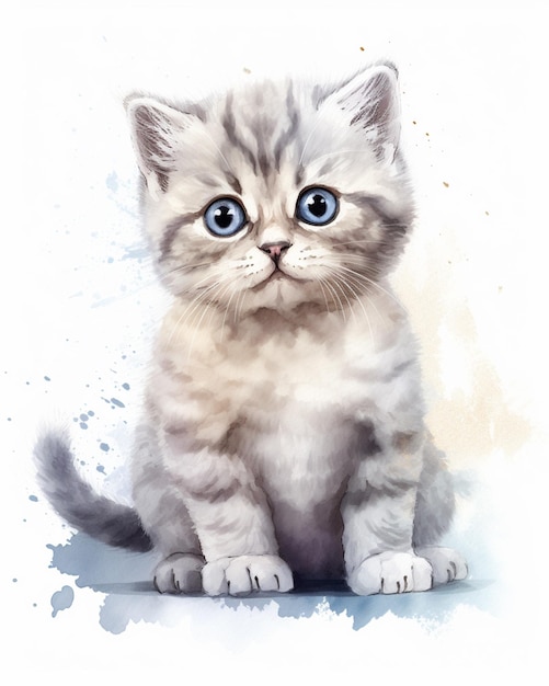 Фото Акварельный рисунок котенка с голубыми глазами.