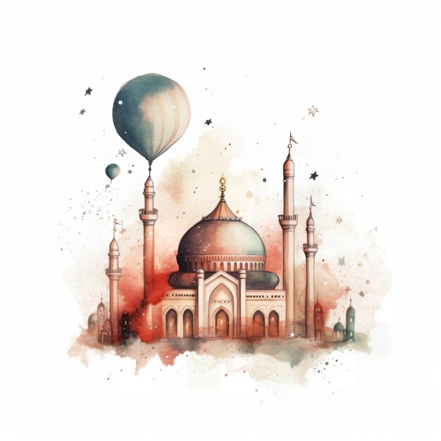 写真 モスクの水彩画と熱気球 png トランスパレント・ジェネレーティブai