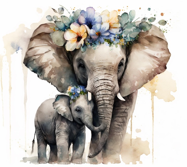 사진 아기 코끼리와 엄마 코끼리의 수채화 그림.