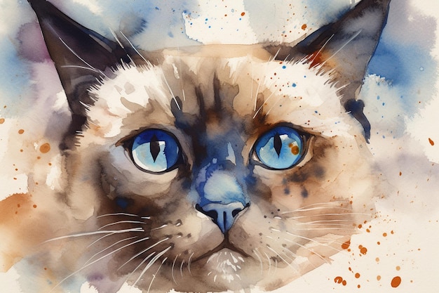 Акварельный рисунок сиамской кошки с голубыми глазами. | Премиум Фото