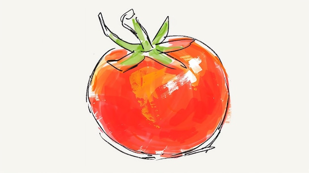 사진 색 배경 에 있는 토마토 의 수채화 그림 토마토 는 둥글고 빨간색 이며 초록색 줄기 가 있다