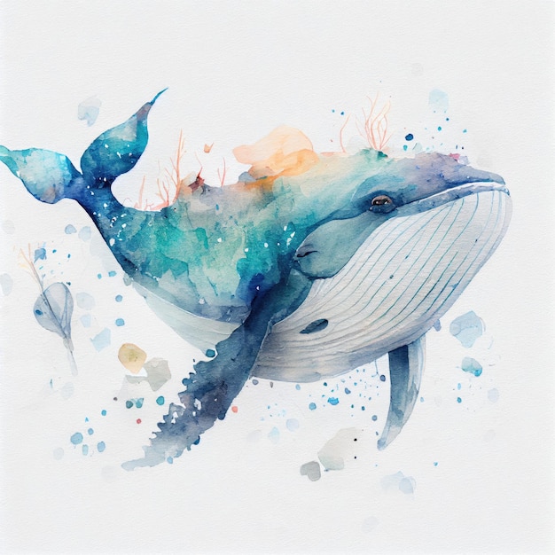 사진 고래라는 단어가 있는 고래의 수채화 그림.