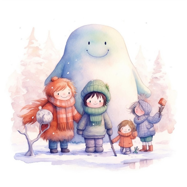 写真 子供と雪だるまの水彩画