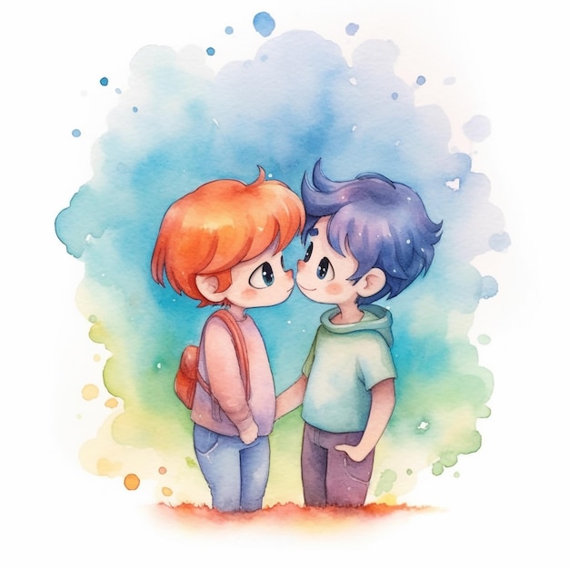 写真 キスする二人の少年の水彩画