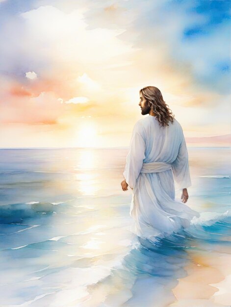 写真 イエス・キリストの水彩絵画で海辺の静かな瞬間を描いています