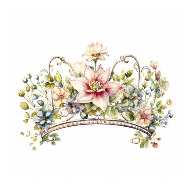 写真 白い背景に花を飾った水彩のプリンセスの王冠 アイとジェネレーティブ