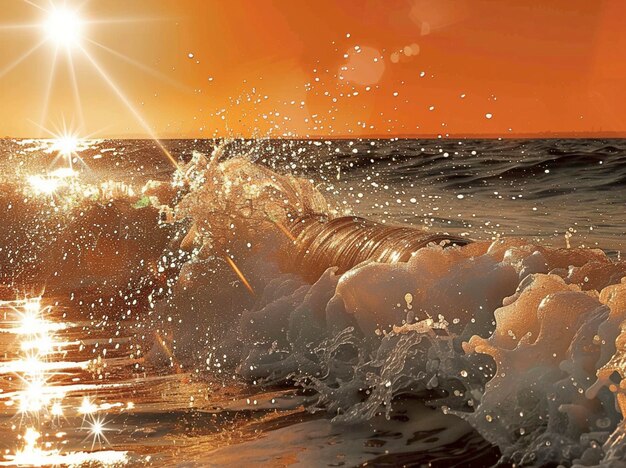 Фото Волна бьется в океан, а на горизонте светит солнце.
