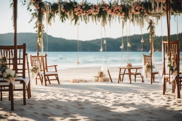 写真 椅子と花を持つビーチでの結婚式