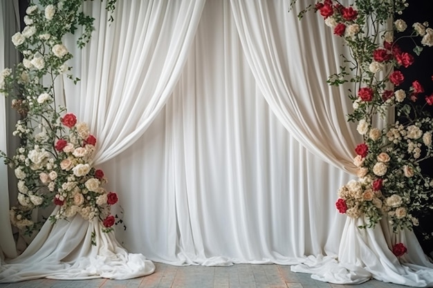 写真 白いカーテンと花で飾られた結婚式のステージ