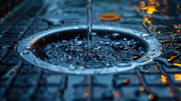 Foto a wet iron washbasin with a closeup of the water drain