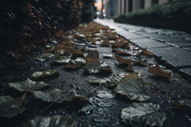 Фото Мокрый тротуар с листьями на нем и слово осень в правом нижнем углу.