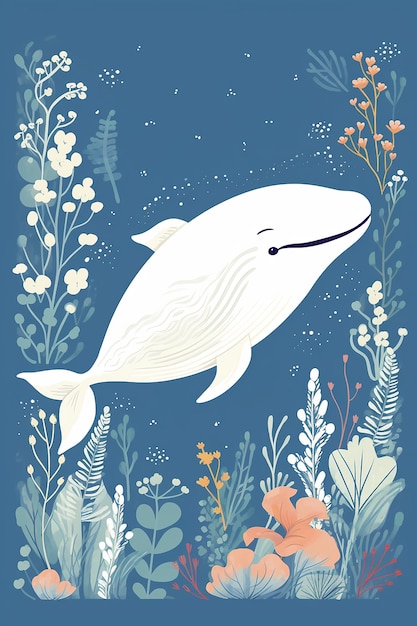 사진 바다에 있는 고래와 꽃과 고래.