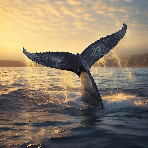写真 クジラが太陽の後ろに水の中にいる