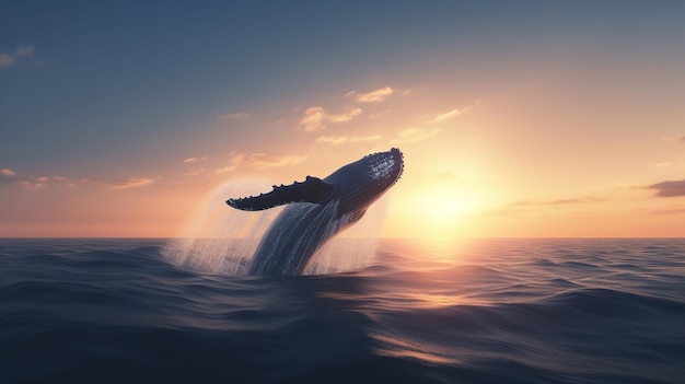 写真 うお座の海で太陽の夕日の光の中でクジラが水から飛び出す