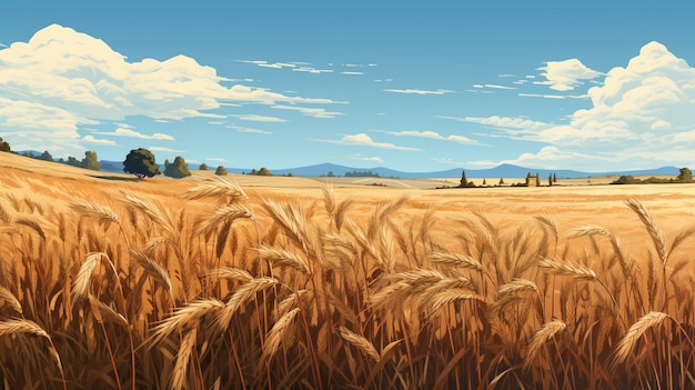Фото Пшеничное поле граничит с голубым небом и белыми облаками.