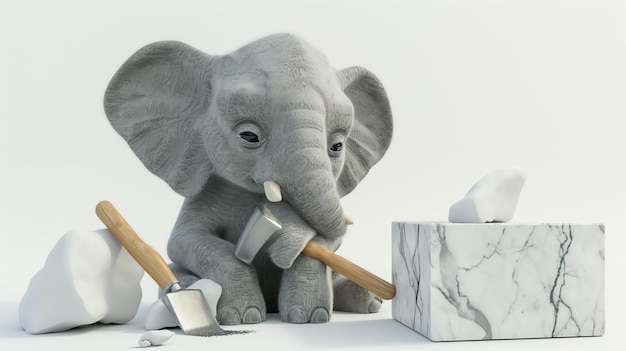 사진 사랑스러운 코끼리 예술가가가 을 사용하여 대리석 블록에서 정밀하게 걸작을 만드는 사랑스러운 3d 조각입니다.