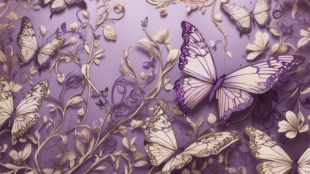 Фото Причудливый дизайн обоев с фиолетовыми бабочками.