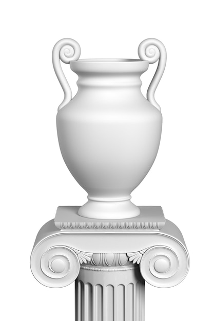 Фото Белая древнегреческая ваза без рисунка стоит на пьедестале объекты изолированы на белом