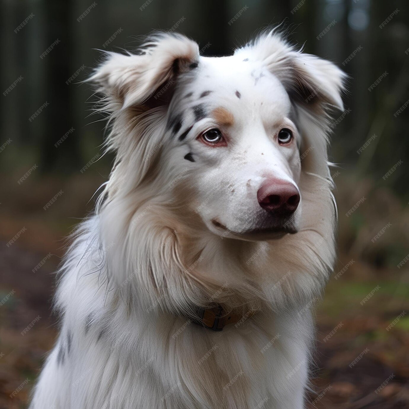 茶色の目と顔に茶色の斑点がある白と茶色の犬。