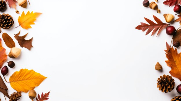 Фото Белый фон с иллюстрационными листьями и сосновыми конусами