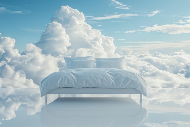 写真 白いベッドは雲の背景に白いベッドで作られています