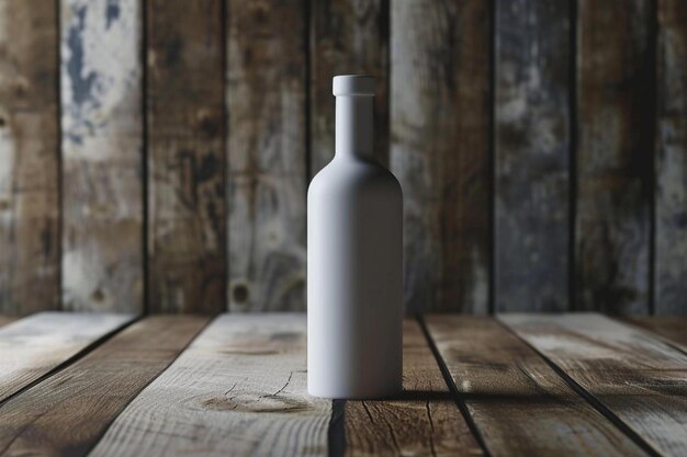 Фото Белая бутылка, сидящая на деревянном столе.