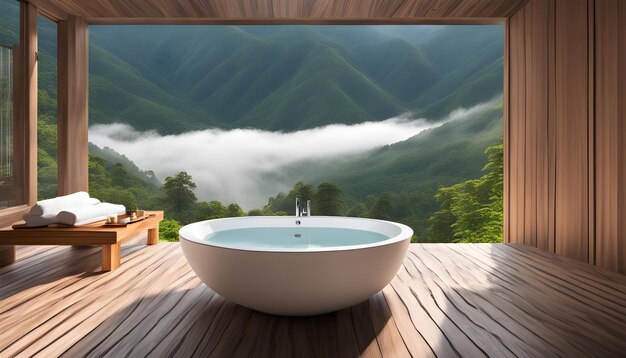 Фото Белая миска с голубой ванной и видом на гору