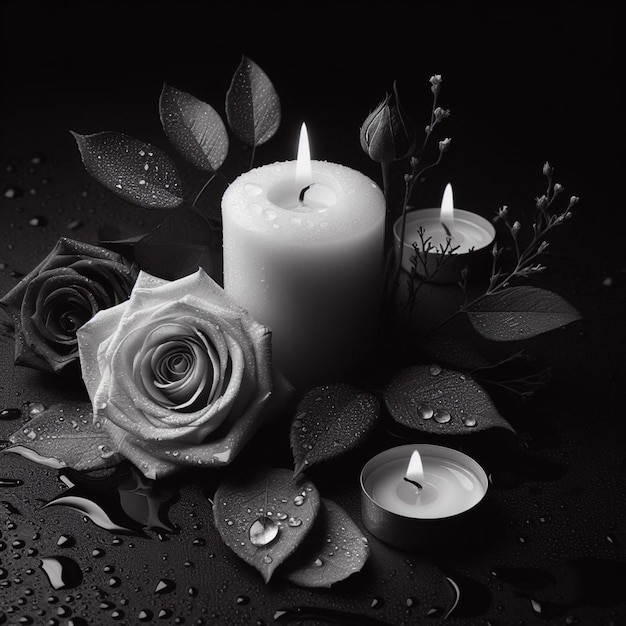 Фото Белая свеча и цветы с свечой в центре