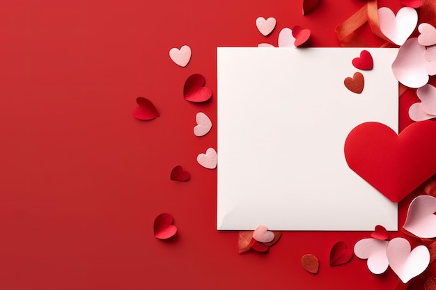Фото Белая карточка с красным сердцем и красным сердцем сверху.
